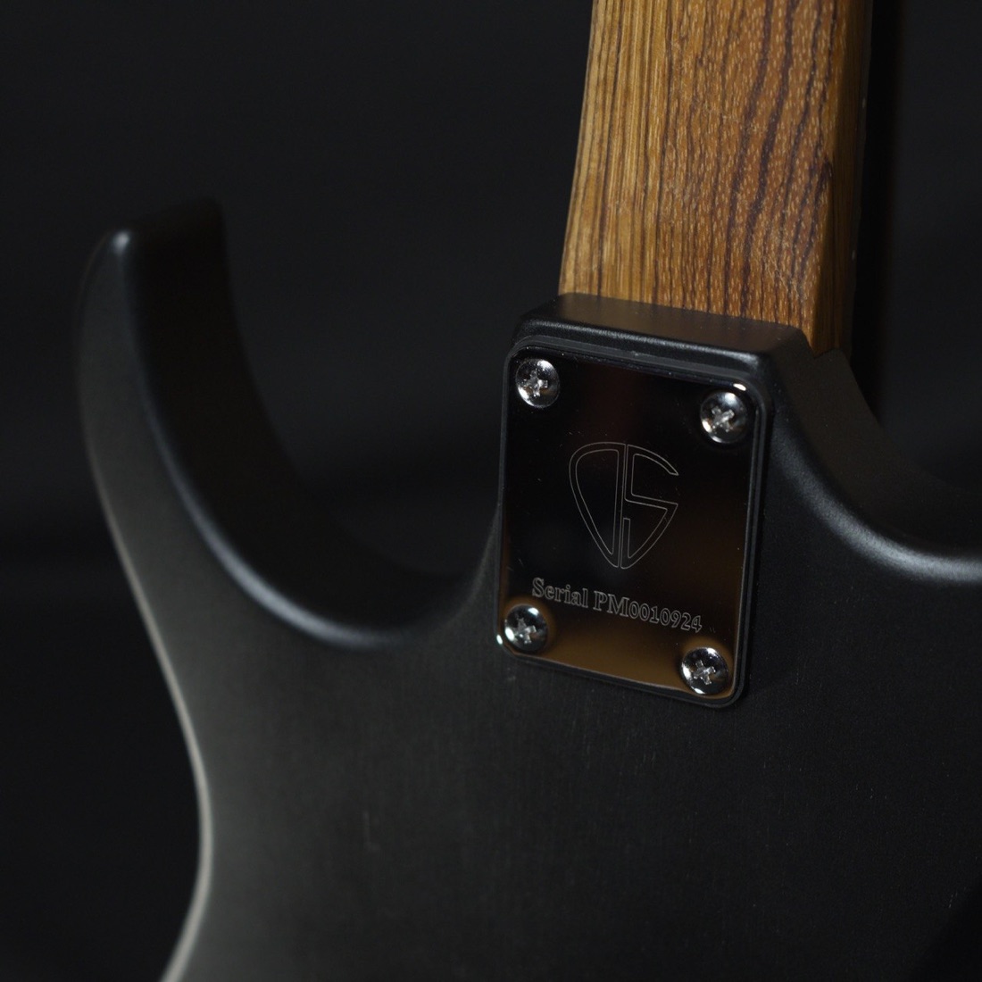 תקריב לוחית DS Handmade Guitars בצוואר גיטרה שחורה